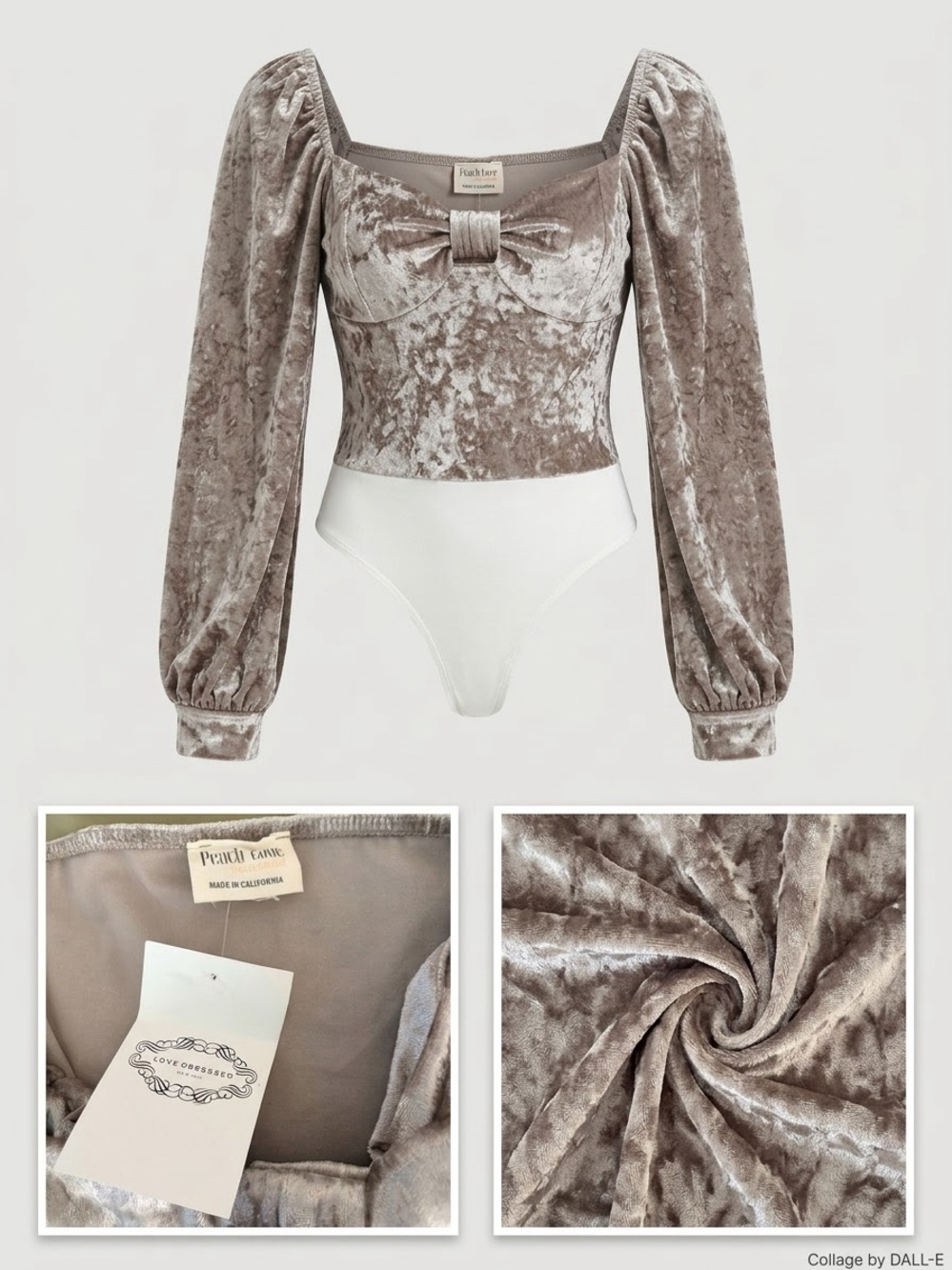 Peach Love California Taupe Velvet Off-Shoulder Bodysuit with White Bottom